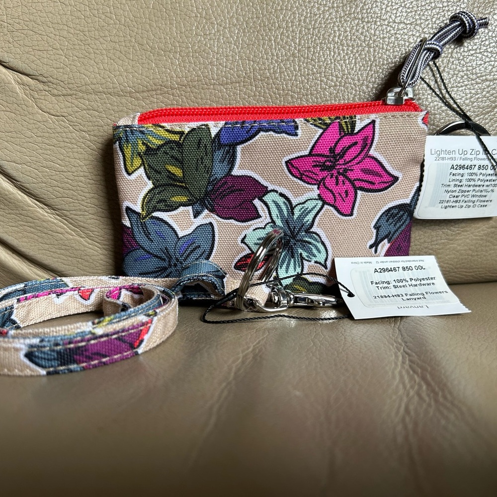 Vera Bradley Lighten Up Zip ID Case & Lanyard Falling Flowers QVC NEW